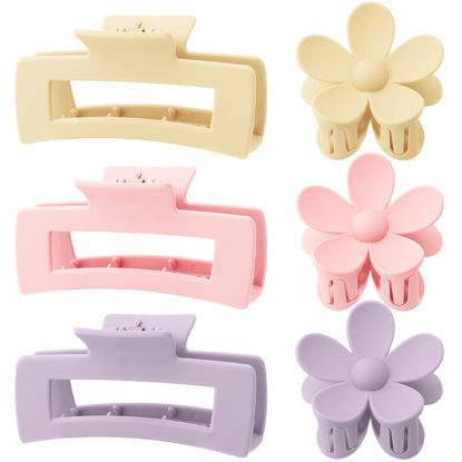 Picture of 6 Pack 4.1 Inche Large Rectangle Hair Claw Clips Matte Flower Hair Clips, for Women Thin Thick Curly Hair, Cute Pink, purple hair clips