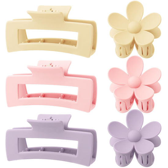 Picture of 6 Pack 4.1 Inche Large Rectangle Hair Claw Clips Matte Flower Hair Clips, for Women Thin Thick Curly Hair, Cute Pink, purple hair clips