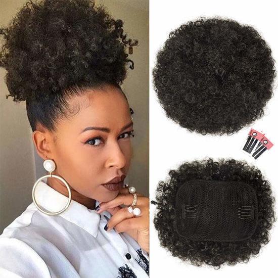 Picture of rosmile Afro Puff Drawstring Ponytail Extension for Black Women, Premium Dark Brown 2# 80gram Short Synthetic Afro Puff Ponytail for Natural Hair, Clip On Kinky Drawstring Curly Ponytail Bun