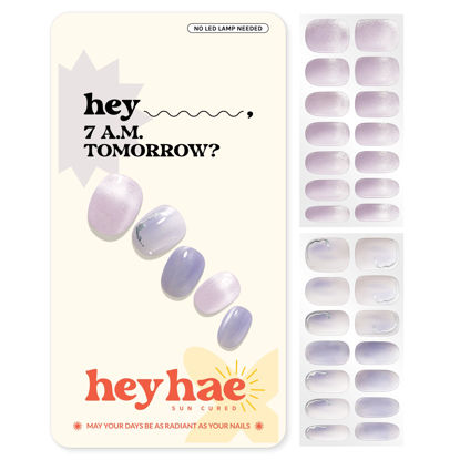 Picture of Heyhae Semi Cured Gel Nail Strips | Sun Cured Gel Nail Wraps No LED Lamp Needed Easy Apply & Remove | Includes 28 Strips, 1 Prep Pad, 1 Nail File & 1 Wooden Stick - Hey, 7 A.M. Tomorrow?