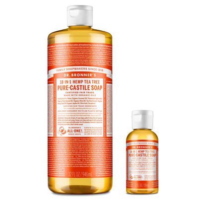 Picture of Dr. Bronner's Pure-Castile Liquid Soap - Tea Tree Bundle. 32 oz. Bottle and 2 oz. Travel Bottle
