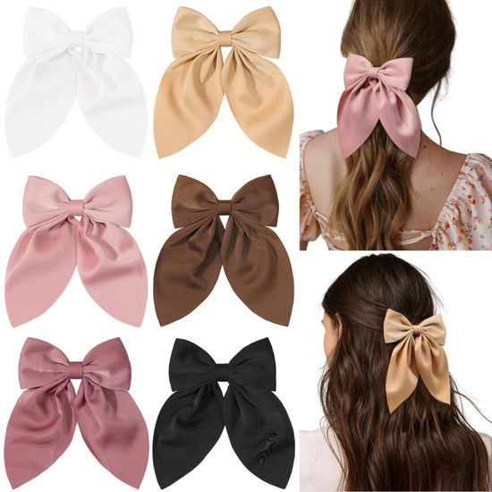 Picture of Satin Hair Bows for Women Bow Hair Clips Neutral Colors Hair Bow Ribbon Bows Barrettes and Hair Accessories for Girls 6pcs