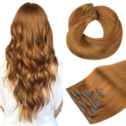 Picture of HOTBANANA Human Hair Clip in Hair Extensions, Auburn Ginger 120g Clip in Hair Extensions Real Human Hair Straight Remy Hair Clip in Hair Extensions 24 Inch 7pcs