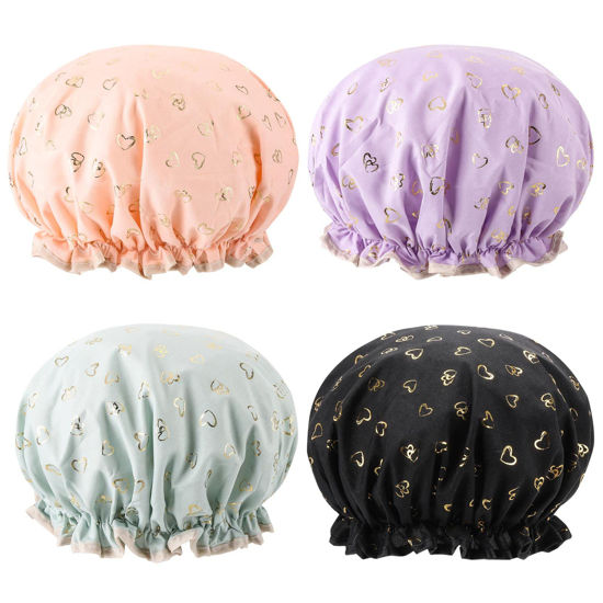 Picture of Tbestmax 4 Pcs Shower Caps Hat for Women and Girl, Reusable Waterproof Bath Cap Double Waterproof Layers