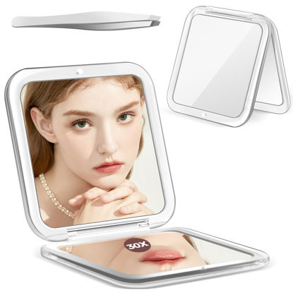 Picture of MIYADIVA Compact Mirror, 30X Magnifying Mirror, Pocket Mirror for Purse, Travel Makeup Mirror with 30X/1X Magnification, Travel Essentials Mirror, Precision Tweezers, Present for Girls