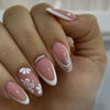 Picture of White French Tip Press on Nails Short Almond Fake Nails Flower False Nails with Rhinestone Design Gold Glitter Glue on Nails Glossy Artificial Acrylic Full Cover Nude Stick on Nails for Women Manicure