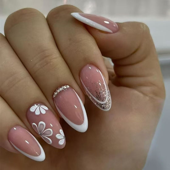Picture of White French Tip Press on Nails Short Almond Fake Nails Flower False Nails with Rhinestone Design Gold Glitter Glue on Nails Glossy Artificial Acrylic Full Cover Nude Stick on Nails for Women Manicure