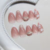 Picture of White French Tip Press on Nails Short Almond Fake Nails Flower False Nails with Rhinestone Design Gold Glitter Glue on Nails Glossy Artificial Acrylic Full Cover Nude Stick on Nails for Women Manicure