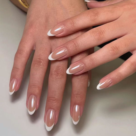 Picture of Chrome Press on Nails Medium Almond Fake Nails White French Tip Fake Nails Nude Glue on Nails Glossy False Nails Reusable Artificial Acrylic Nail Full Cover Stick on Nails for Women Manicure 24Pcs