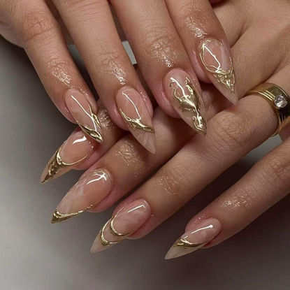 Picture of Gold Press on Nails Nude Fake Nails with 3D Gold Line Design Glossy Glue on Nails Artificial Acrylic Full Cover Nude Stick on Nails Medium Almond False Nails for Women Manicure 24Pcs