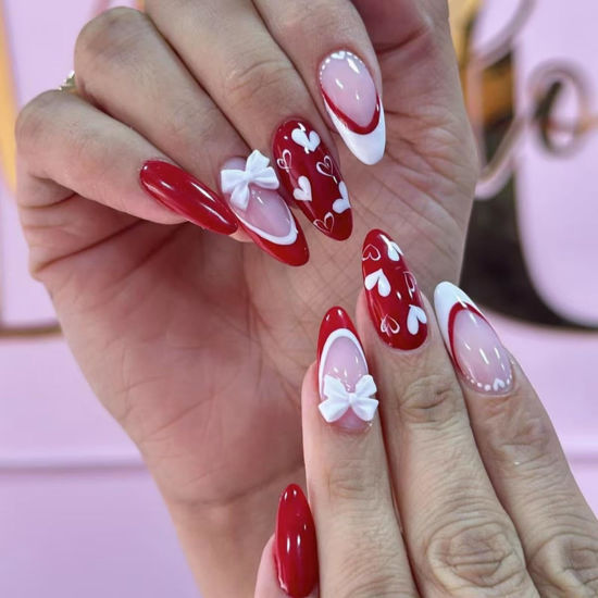 Picture of French Tip Press on Nails Red Fake Nails Medium Almond False Nails with 3D Bow Design Nude Glue on Nails Glossy Acrylic Full Cover Heart Stick on Nails for Women Valentine's Day Manicure