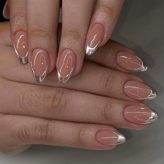 Picture of Silver French Tip Press on Nails Nude Fake Nails Glossy Glue on Nails Artificial Acrylic Nails Full Cover Stick on Nails Short Almond False Nails with Design for Women Girls Manicure 24Pcs