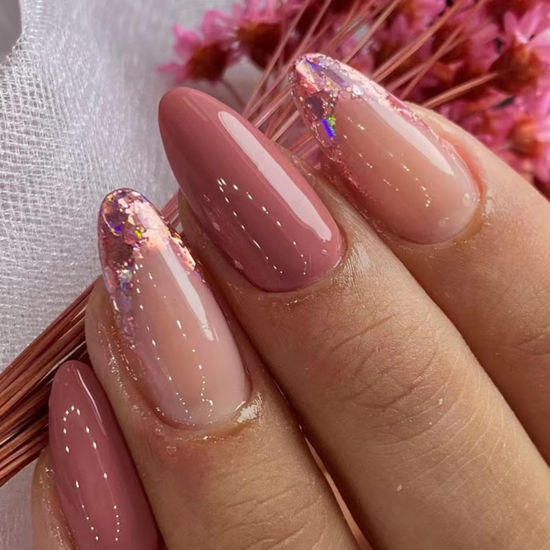 Picture of Brick Red Press on Nails Medium Almond Fake Nails with Pink Glitter Design French Tip Glue on Nails Glossy Acrylic Full Cover Nude Stick on Nails Fall False Nails For Women Girls Manicure 24pcs