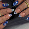 Picture of Blue White Totem Press on Nails French Tip Fake Nails Short Almond False Nails with Design Heart Glue on Nails Glossy Artificial Acrylic Full Cover Nude Stick on Nails for Women Manicure 24Pcs