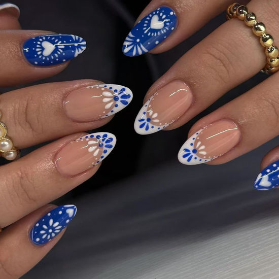Picture of Blue White Totem Press on Nails French Tip Fake Nails Short Almond False Nails with Design Heart Glue on Nails Glossy Artificial Acrylic Full Cover Nude Stick on Nails for Women Manicure 24Pcs