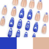 Picture of Blue White Totem Press on Nails French Tip Fake Nails Short Almond False Nails with Design Heart Glue on Nails Glossy Artificial Acrylic Full Cover Nude Stick on Nails for Women Manicure 24Pcs