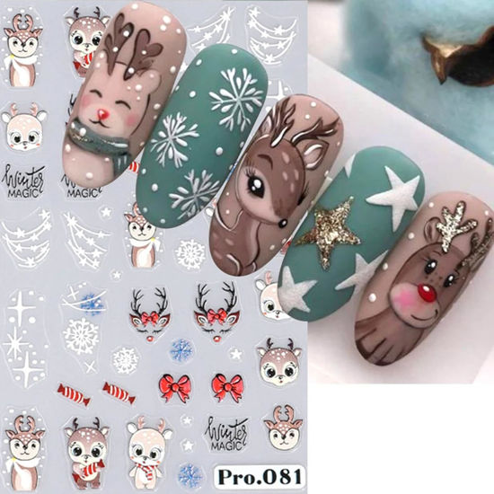 Picture of Christmas Nail Art Stickers Cute Elk Christmas Nail Stickers 3D Self-Adhesive Christmas Nails Art Decoration Supplies Santa Claus Gingerbread Man Snowflake Design Xmas Nail Decals for Women Girls 6PCS