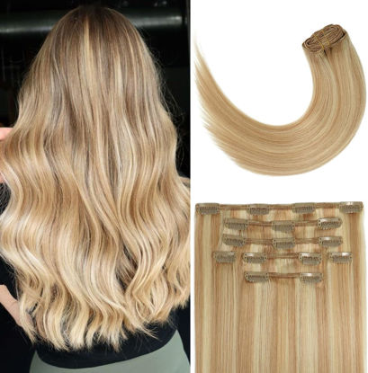 Picture of Aison Clip in Hair Extensions Real Human Hair Strawberry Blonde to Bleach Blonde Human Hair Extensions 20 Inch Straight Double Weft Remy Highlight Hair Extensions Clip in Human Hair 70g 7pcs #12p613