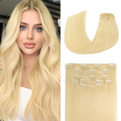 Picture of Aison Bleach Blonde Clip in Hair Extensions Real Human Hair 70G 100% Remy Human Hair Soft Silky Straight 7pcs 16clips One Pack (15 Inch #613)