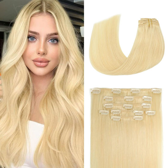 Picture of Aison Blonde Clip in Hair Extensions Real Human Hair 70G Bleach Blonde 100% Remy Human Hair Soft Silky Straight 7pcs 16clips One Pack (18 Inch #613)