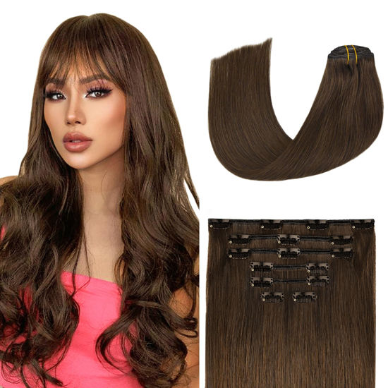Picture of Aison Medium Brown Clip in Hair Extensions Real Human Hair 70G 100% Remy Human Hair Clip in Extensions Soft Silky Straight 7pcs 16clips One Pack(20 Inch #4)
