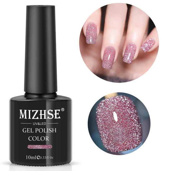 Picture of MIZHSE Diamond Gel Nail Polish, Reflective Glitter Pink Gel Polish, Sparkly Shiny Shimmer Nail Art Varnish Manicure, Soak Off LED Lamp, for Beginners DIY at Home