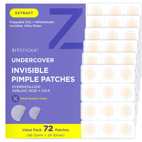 Picture of ZitSticka Invisible Pimple Patches for Face, FSA HSA Eligible Hydrocolloid Pimple Patches, Ultra-Thin Clear Pimple Patches, Azelaic Acid & CICA Blemish Patches, Pimple Stickers (UNDERCOVER 72ct)