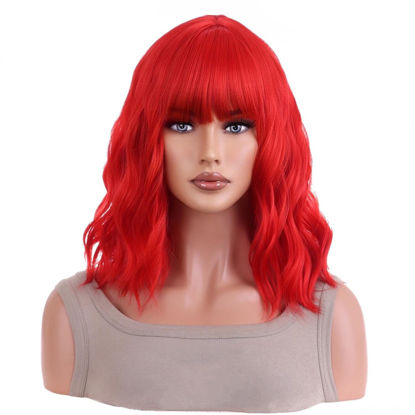 Picture of AneShe Short Curly Red Wig for Women Red Wavy Bob Wig with Bangs Shoulder Length Wig Heat Resistant Fiber Red Color Wig for Daily Party Cosplay Use