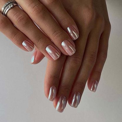 Picture of Chrome Press on Nails Short Square Fake Nails Pink False Nails Press ons with Chorme Designs Glossy Acrylic Nails Full Cover Glue on Nails Aritificial Stick to Nails for Women Nails Decorations 24 Pcs