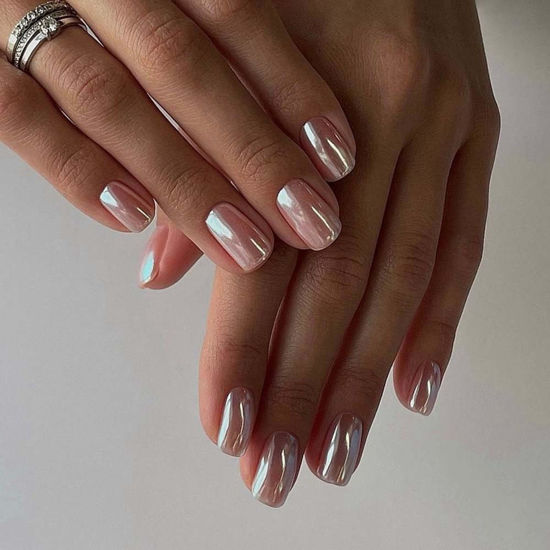Picture of Chrome Press on Nails Short Square Fake Nails Pink False Nails Press ons with Chorme Designs Glossy Acrylic Nails Full Cover Glue on Nails Aritificial Stick to Nails for Women Nails Decorations 24 Pcs