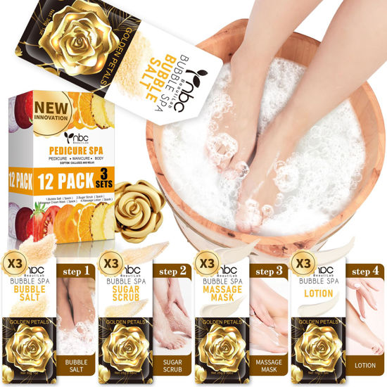 Picture of nbc BeautiLab Pedicure Kit Foot Soak Set: Bubble Salt, Sugar Scrub, Massage Mask, Massage Lotion in a Box, 4 Step Foot Spa Kit for Dry Feet,Tired Feet（3 Set Golden petals)