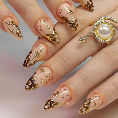 Picture of QQPPOLIU Fall Fake Nails Almond Press on Nails Short Length with Gold Striped 3D Nails Press ons Fall Gift for Women