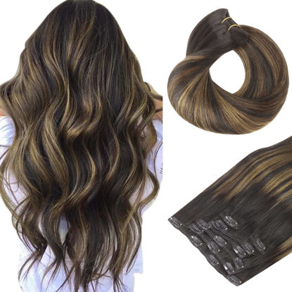 Picture of HOTBANANA Human Hair Clip in Hair Extensions, Balayage Natural Black to Chestnut Brown 75g Clip in Hair Extensions Real Human Hair Straight Remy Hair Clip Ins Dark Roots Ombre 12 Inch 7pcs