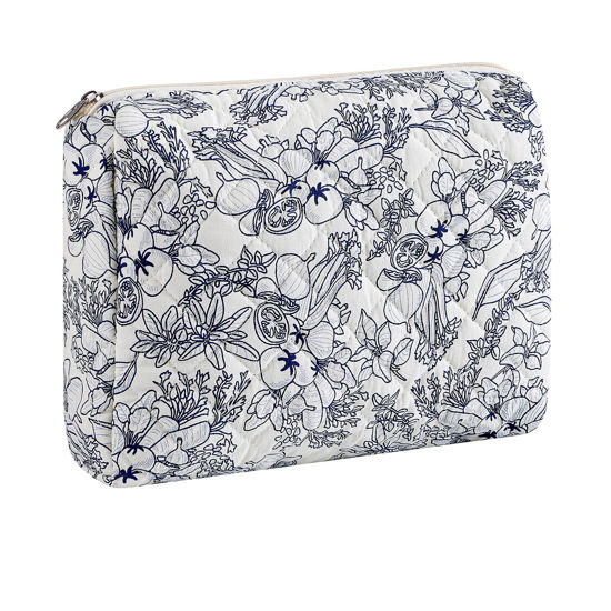 Picture of HHQQWZ Makeup Bag Travel Cosmetic Bag for Women Girls, Zipper Make Up Pouch, Floral Flowers Toiletry Organizer Makeup, Portable Storage Bag, Cosmetic Travel Cloth Bag (L/Navy Blue Flower)