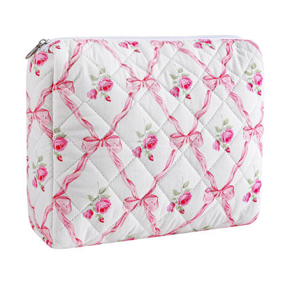 Picture of HHQQWZ Makeup Bag Travel Cosmetic Bag for Women Girls, Zipper Make Up Pouch, Floral Flowers Toiletry Organizer Makeup, Portable Storage Bag, Cosmetic Travel Cloth Bag (L/Pink Bowknot)