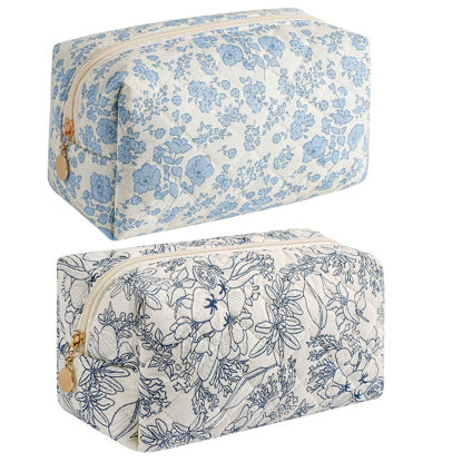 Picture of HHQQWZ Makeup Bag Travel Cosmetic Bag for Women Girls, Zipper Make Up Pouch, Floral Flowers Toiletry Organizer Makeup, Portable Storage Bag, Cosmetic Travel Cloth Bag (Blue Floral+Navy Blue Flower)