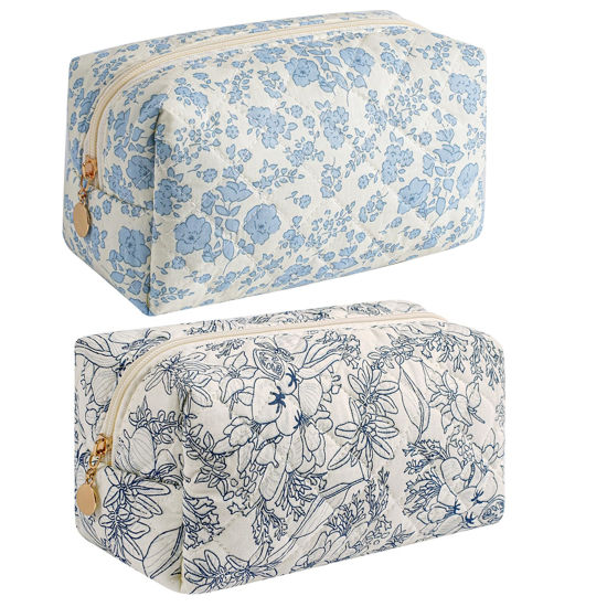 Picture of HHQQWZ Makeup Bag Travel Cosmetic Bag for Women Girls, Zipper Make Up Pouch, Floral Flowers Toiletry Organizer Makeup, Portable Storage Bag, Cosmetic Travel Cloth Bag (Blue Floral+Navy Blue Flower)