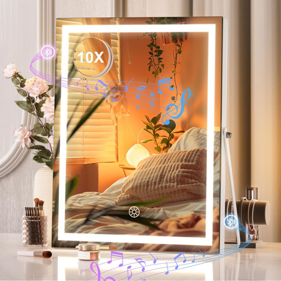 Picture of Hasipu Vanity Mirror with Lights and Bluetooth Speaker, 10.6" x 13.8" LED Makeup Mirror with 10X Magnification, Smart Touch 3 Colors Dimmable, 360° Rotation, White