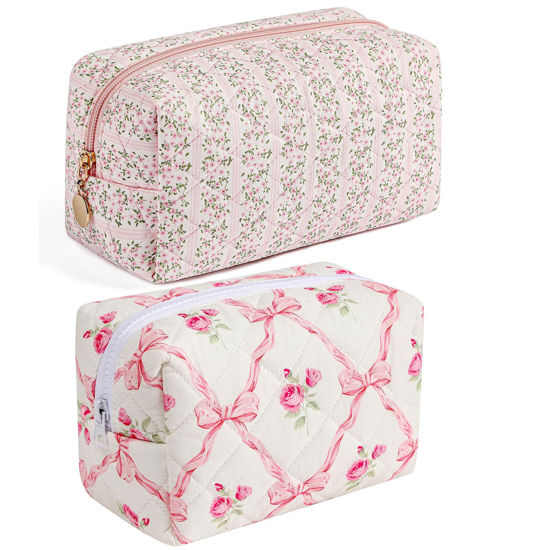 Picture of HHQQWZ Makeup Bag Travel Cosmetic Bag for Women Girls, Zipper Make Up Pouch, Floral Flowers Toiletry Organizer Makeup, Portable Storage Bag, Cosmetic Travel Cloth Bag (Pink+Pink Bowknot)
