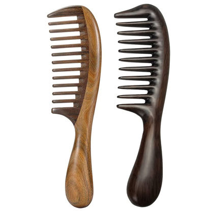 Picture of Louise Maelys 2pcs Wooden Wide Tooth Comb for Curly Thick Hair Anti-Static Black & Green Sandalwood Detangler Hair Comb for Women Men