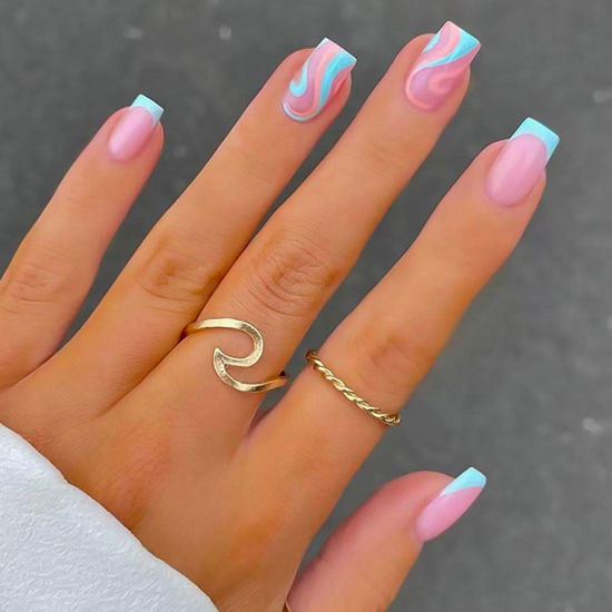 Picture of RikView French Tip Press on Nails Medium Fake Nails Blue Nails for Women with Swirls Design Square Acrylic Nails