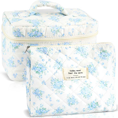 Picture of URSKYTOUS 2Pcs Cotton Quilted Makeup Bag for Women Girls Large Small Travel Floral Cosmetic Bags Set Cute Coquette Zipper Makeup Pouch for Purse Aesthetic Cloth Flower Storage Toiletry Bag Organizer