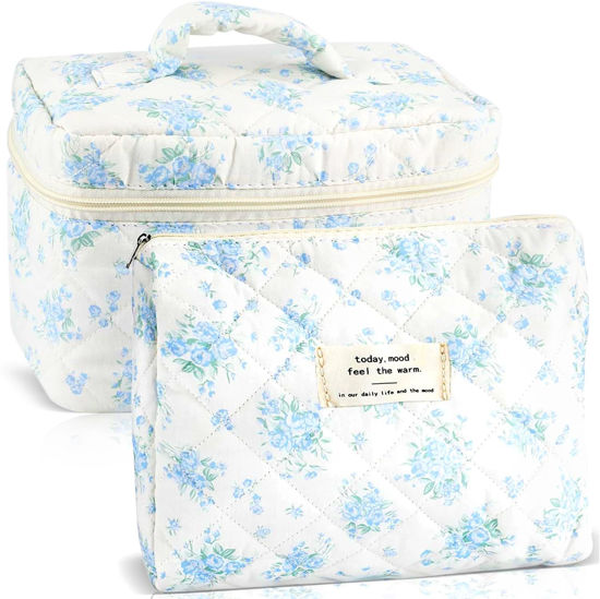 Picture of URSKYTOUS 2Pcs Cotton Quilted Makeup Bag for Women Girls Large Small Travel Floral Cosmetic Bags Set Cute Coquette Zipper Makeup Pouch for Purse Aesthetic Cloth Flower Storage Toiletry Bag Organizer