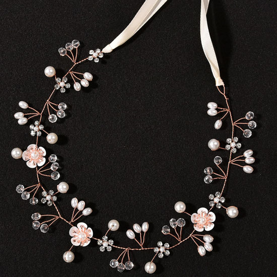 Picture of KAYZON Flower Girl Hair Accessory - Princess Headpiece with Pearl Headband for Kids, Bridal Wedding, and Women (Rose Gold)