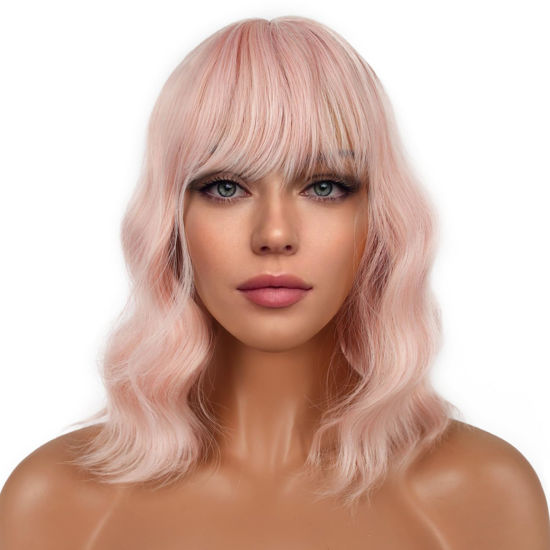Picture of LANCAINI Short Bob Wigs with Bangs for Women Loose Wavy Wig Curly Wavy Shoulder Length Bob Synthetic Cosplay Wig for Girl Colorful Costume Wigs (Peach Fuzz)