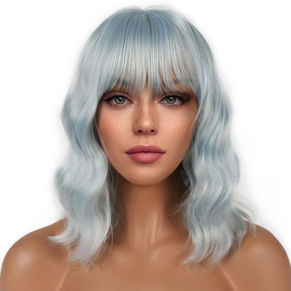 Picture of LANCAINI Short Bob Wigs with Bangs for Women Loose Wavy Wig Curly Wavy Shoulder Length Bob Synthetic Cosplay Wig for Girl Colorful Costume Wigs (Ice Blue)