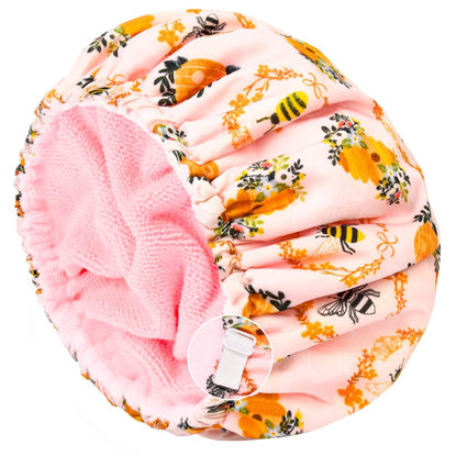 Picture of Shower Cap for Women Terry Lined Bee Bath Cap Large Reusable Waterproof Elastic Band Beekeeper Shower Caps for Long Thick Hair Soft Bath Shower Hair Caps