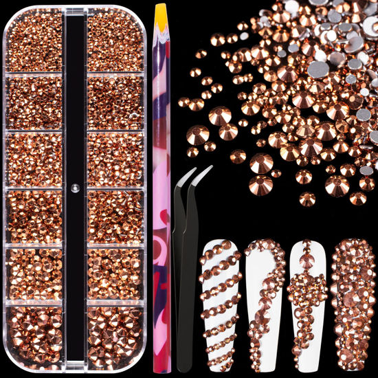 Picture of 6 Sizes Rose Gold Glass Crystal Kit with Pickup Pen + Tweezer Tools for Shine Nail Art Manicure Makeup DIY Decoration Flatback Round Rhinestone Gem Jewelry Diamond
