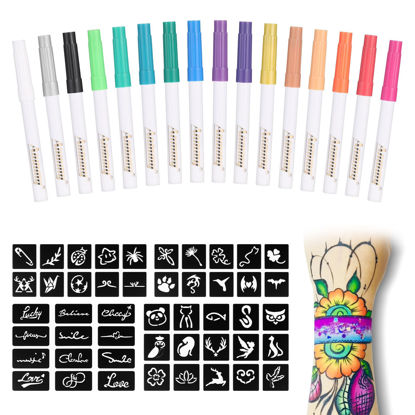 Picture of Anmmy Temporary Tattoo Metallic Markers for Skin,16-Count Body Markers+77 Large Tattoo Stencils of Assorted Colors for kids and Adults,Flexible Brush Tip, Bright colors, Skin-Safe*,Cosmetic-Grade.