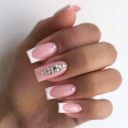 Picture of YOSOMK French Tip Fake Nails Medium Square Press on Nails with Rhinestones Design Artificial False Nails Glossy Glue on Nails for Women